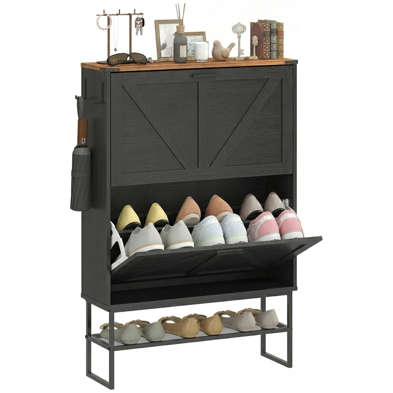 HOMCOM Narrow Shoe Storage Cabinet with 2 Flip Drawers, Slim Shoe Cabinet for 15-20 Pairs, Black Wood Grain