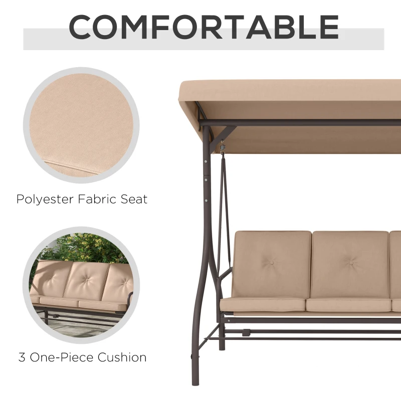 Outsunny Convertible Patio Swing Bed with Canopy and Cushions, 3 Seater Porch Swing for Outdoor, Backyard, Garden, Khaki