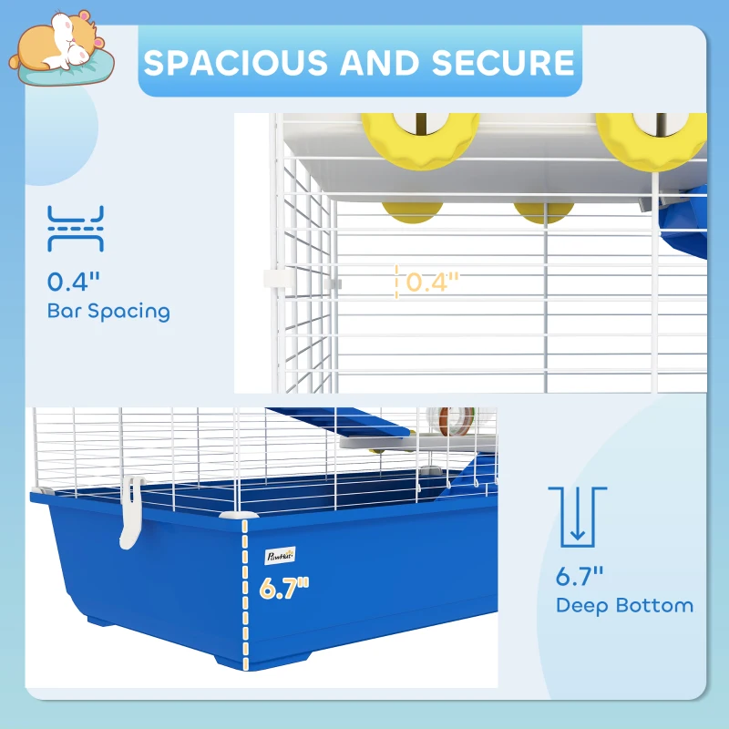 PawHut 4 Tier Hamster Cage with Tunnel Tube System, Hut, Exercise Wheel, Water Bottle, Food Dish, for Syrian, Gerbil, Blue