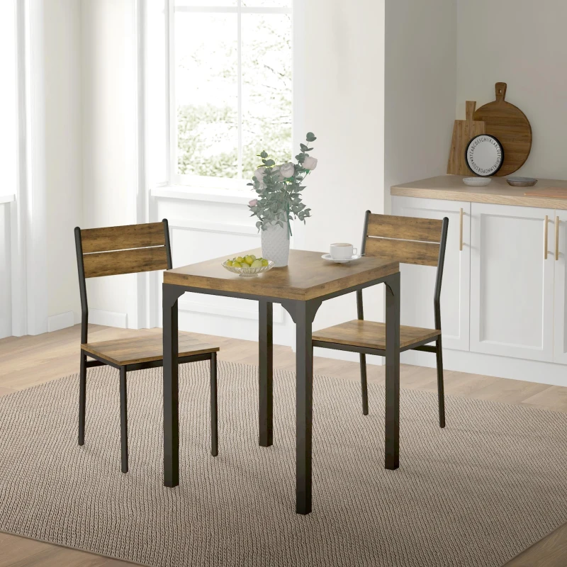 HOMCOM Dining Table Set for 2, 3 Piece Kitchen Table and Chairs with Metal Legs for Small Spaces, Rustic Brown