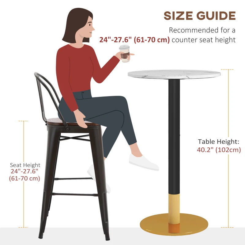 HOMCOM High Top Bar Table, Modern Round Dining Table with Faux-marbled Top and Gold Base, Bistro Table for 2 People, White