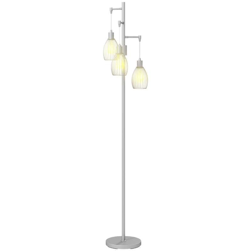 HOMCOM Industrial Floor Lamp with 3 Hanging Wire Lampshades, Dimmable Standing Lamp for Living Room, Silver