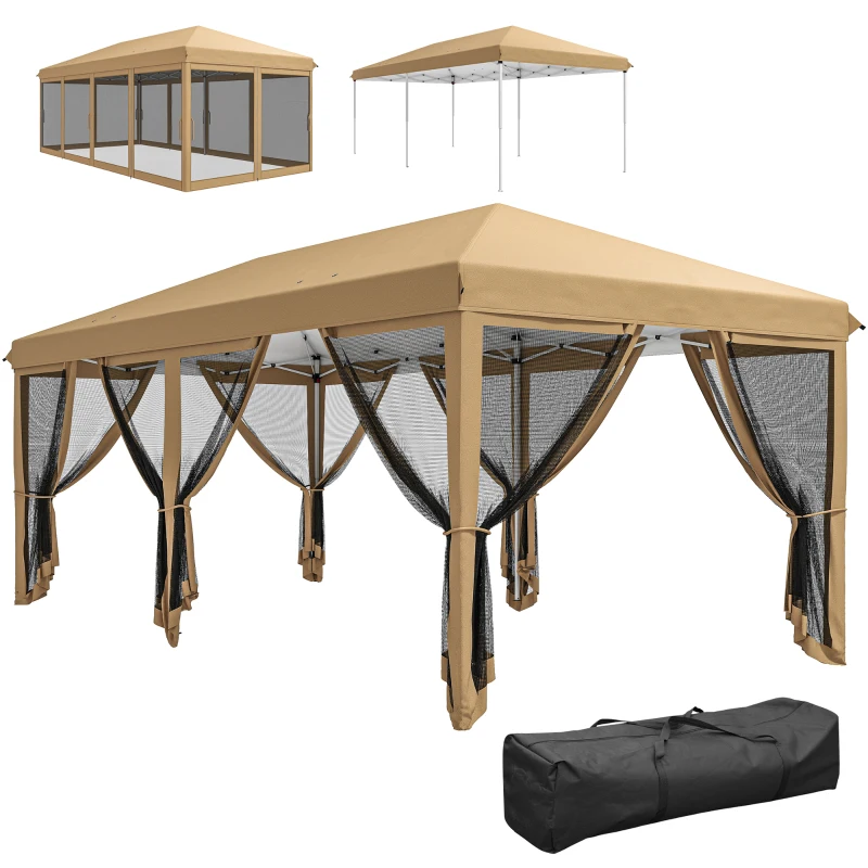 Outsunny 10' x 20' Pop Up Canopy Tent Gazebo with Removable Mesh Sidewall Netting, Carry Bag for Backyard Patio Outdoor, Beige