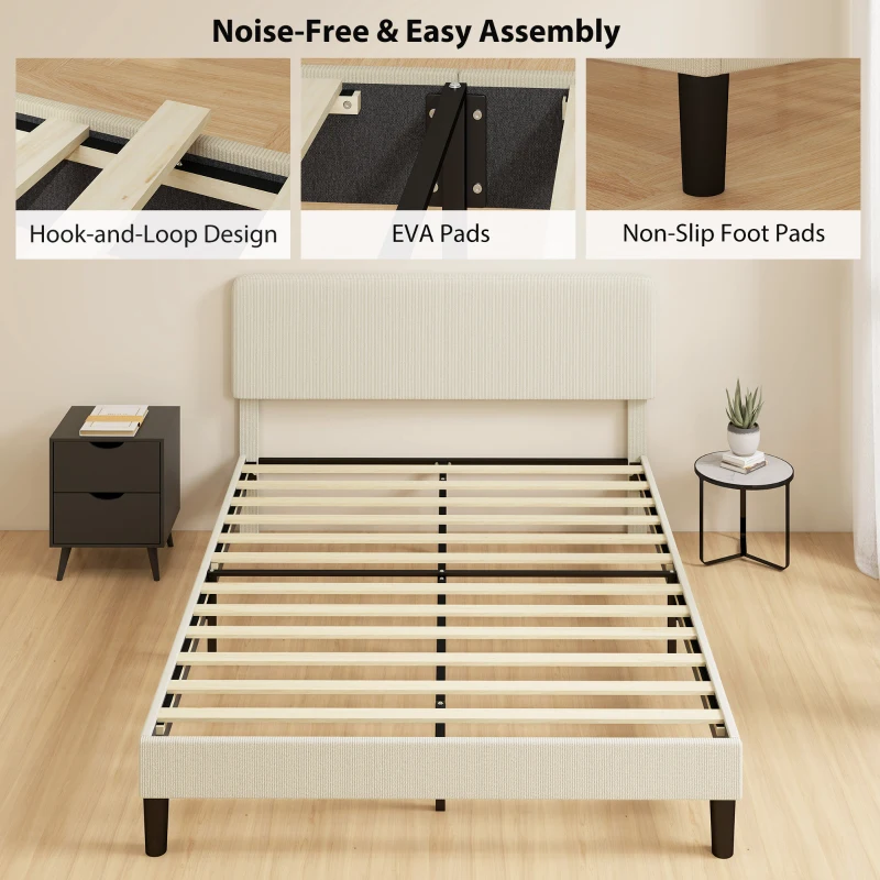 HOMCOM Queen Size Bed Frame with Adjustable Upholstered Headboard Platform Bed Frame Wood Slat Support Noise Free Light Grey