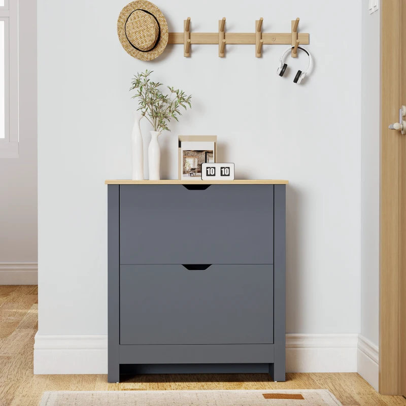 HOMCOM Shoe Storage Cabinet with 2 Flip Drawers and Adjustable Shelves for 8–12 Pairs of Shoes, Dark Grey
