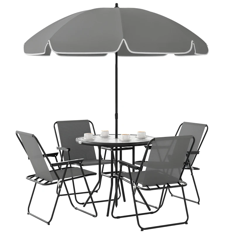 Outsunny 6 Pieces Patio Dining Set with Umbrella, Patio Furniture Set with Folding Chairs, Glass Table for Garden Backyard, Grey