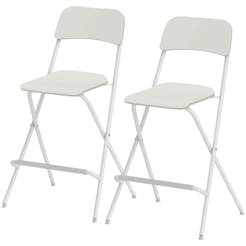 HOMCOM Folding Bar Stools Set of 2, Counter Height Foldable Stool with Wooden Effect Seat and Steel Frame for Kitchen, White