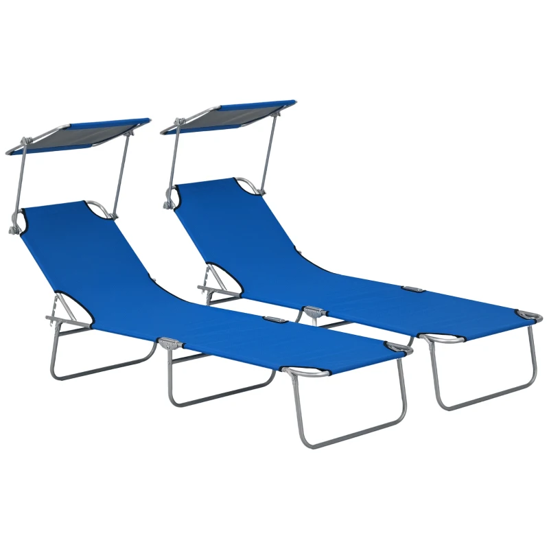 Outsunny 2 Pieces Outdoor Lounge Chair, Adjustable Folding Chaise Lounge, Tanning Chair with Sun Shade for Beach, Camping, Hiking, Backyard, Blue