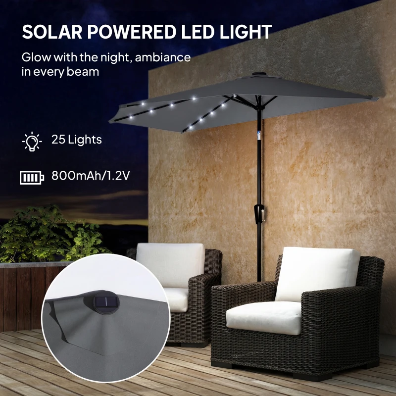 Outsunny Half Outdoor Patio Umbrella with Solar LED Lights Half Umbrella with Crank 9ft Dark Grey