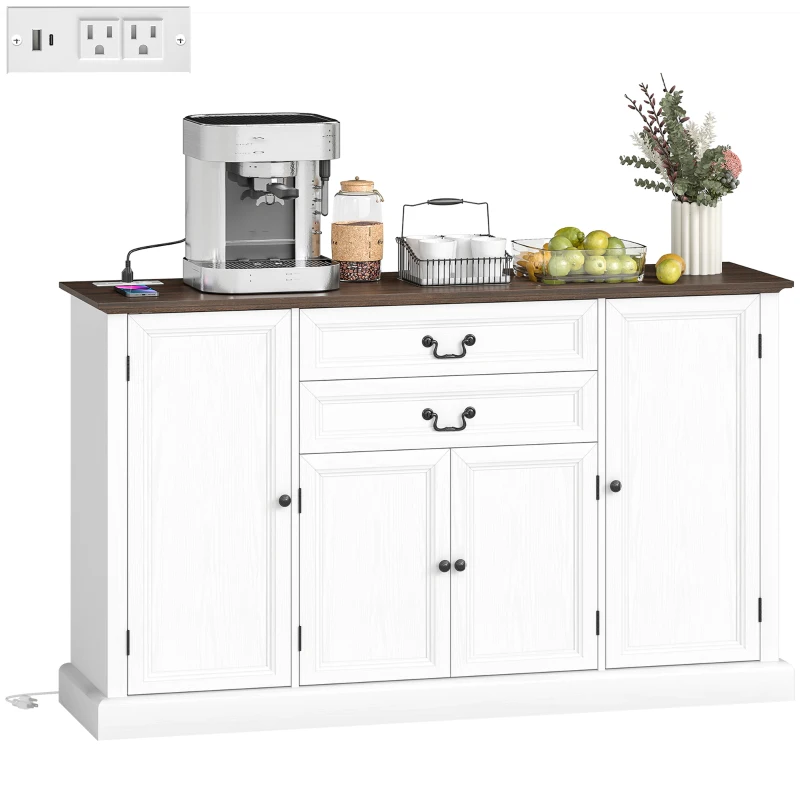 HOMCOM Farmhouse Sideboard with Charging Station and Thickened Top, 58" Buffet Cabinet with 2 Soft-Close Drawers, White