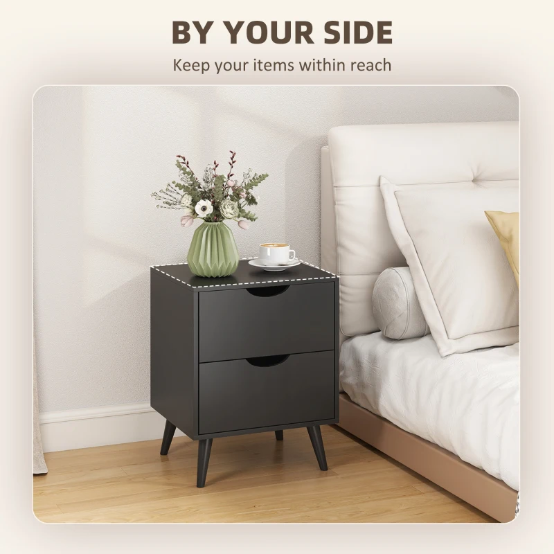 HOMCOM Modern Bedside Table Set of 2, Nightstand with 2 Drawers and Pine Wood Legs for Bedroom, Black