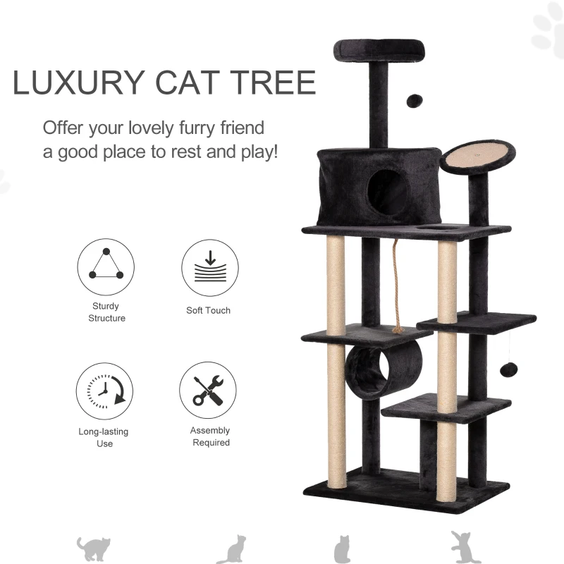 PawHut 67.75" Cat tree Tower Climbing Kitten Activity Center Furniture with Jute Scratching Post Pad Condo Perch Hanging Balls Tunnel Teasing Rope Dark Grey