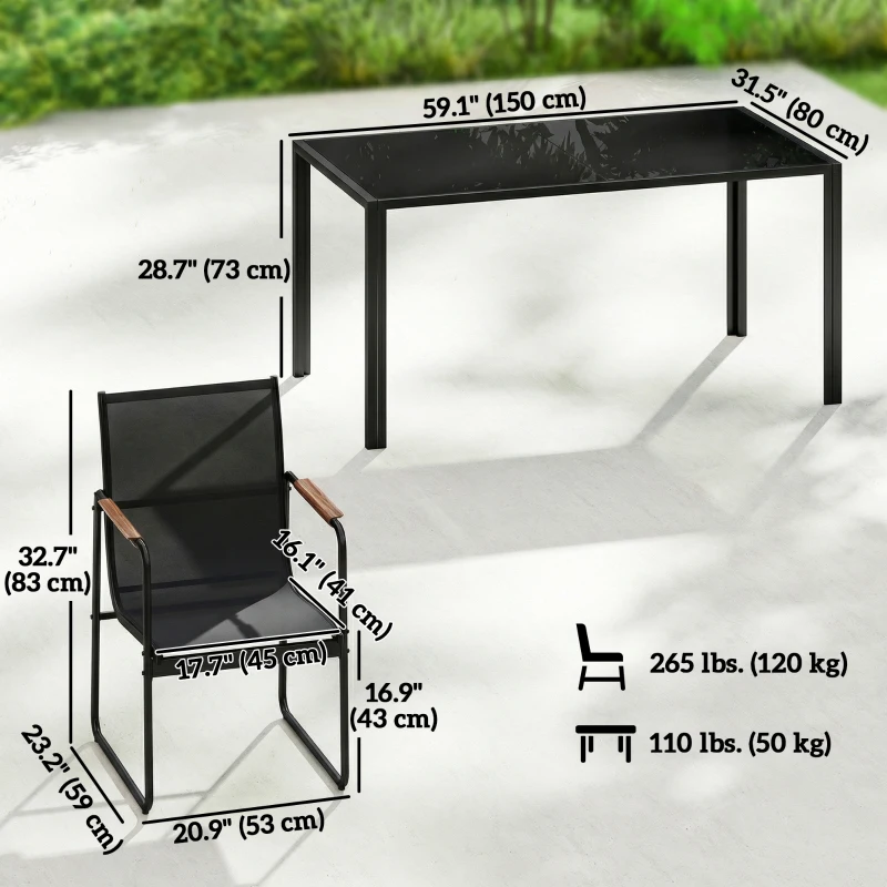 Outsunny 7 Pieces Outdoor Dining Set for 6, Glass Patio Table and Chairs with Decorative Armrests, All Weather Mesh, Black