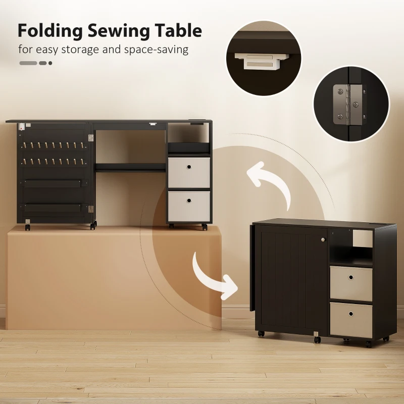 HOMCOM Rolling Sewing Machine Table with Power Outlet, Folding Craft Table with 2 Fabric Drawers, 2 Bins and 18 Pegs, Black