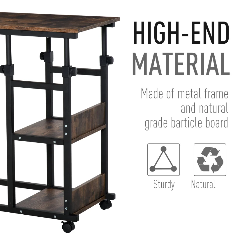 HOMCOM Mobile Standing Desk, Adjustable Height 31.5 inch Stand Up Desk with Wheels for Home Office, Rustic Brown