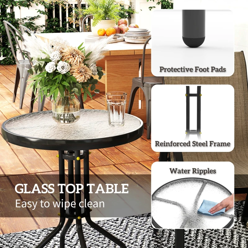 Outsunny 3 Pieces Bistro Set, Small Patio Furniture Set with Stackable Mesh Chairs, Glass Table for Garden, Light Mixed Brown