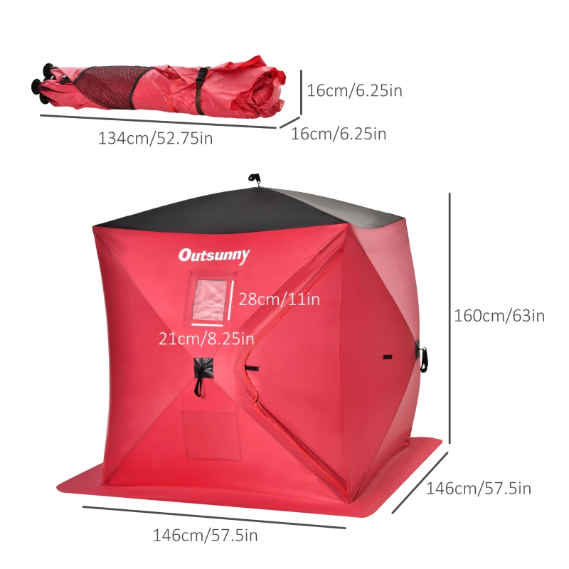 Outsunny 2 Person Pop Up Ice Fishing Tent Shelter, Fishing Shanty, with Carry Bag, Red