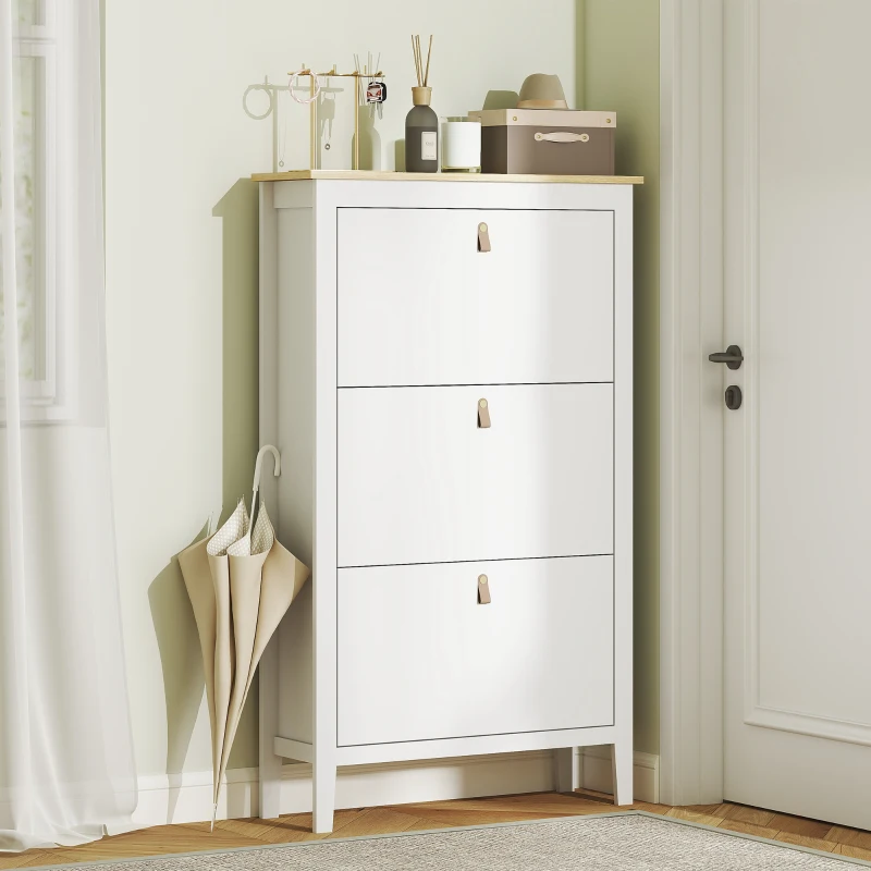 HOMCOM Narrow Shoe Cabinet with 3 Flip Drawers, Adjustable Shelves for Entryway, Holds 15-21 Pairs, White