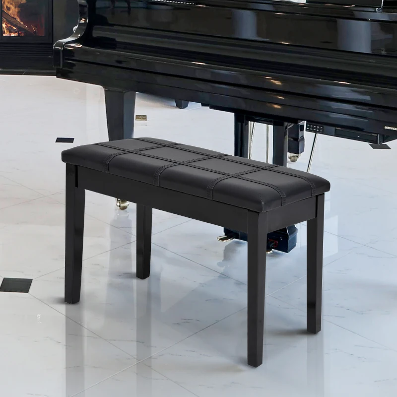 HOMCOM Classic Piano Bench Stool, PU Leather Padded Keyboard Seat with Rubber Wood Legs and Music Storage Compartment, Banded Seat, Black
