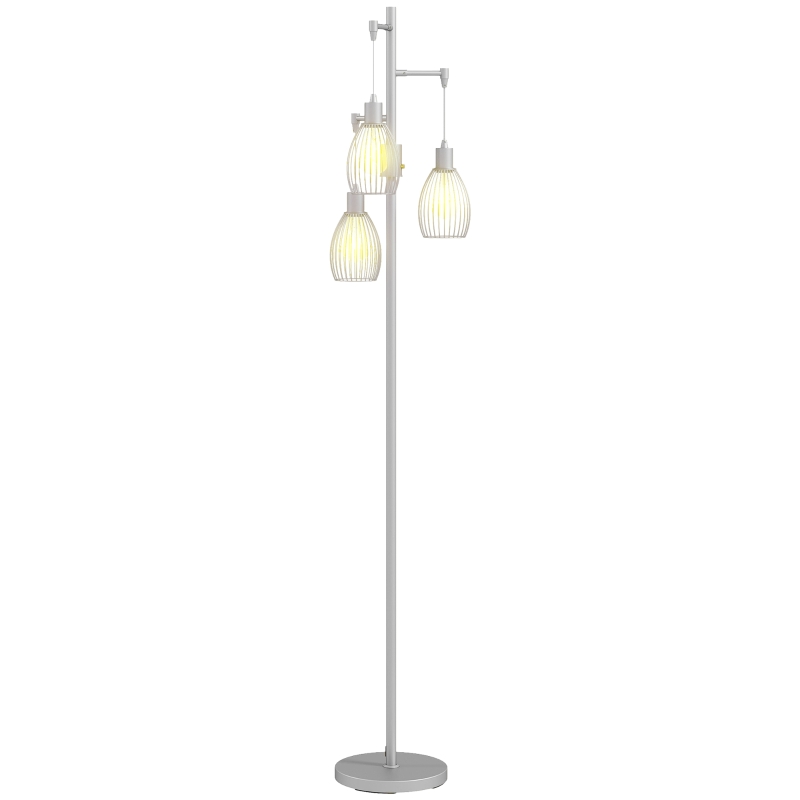 HOMCOM Industrial Floor Lamp with 3 Hanging Wire Lampshades, Dimmable Standing Lamp for Living Room, Silver