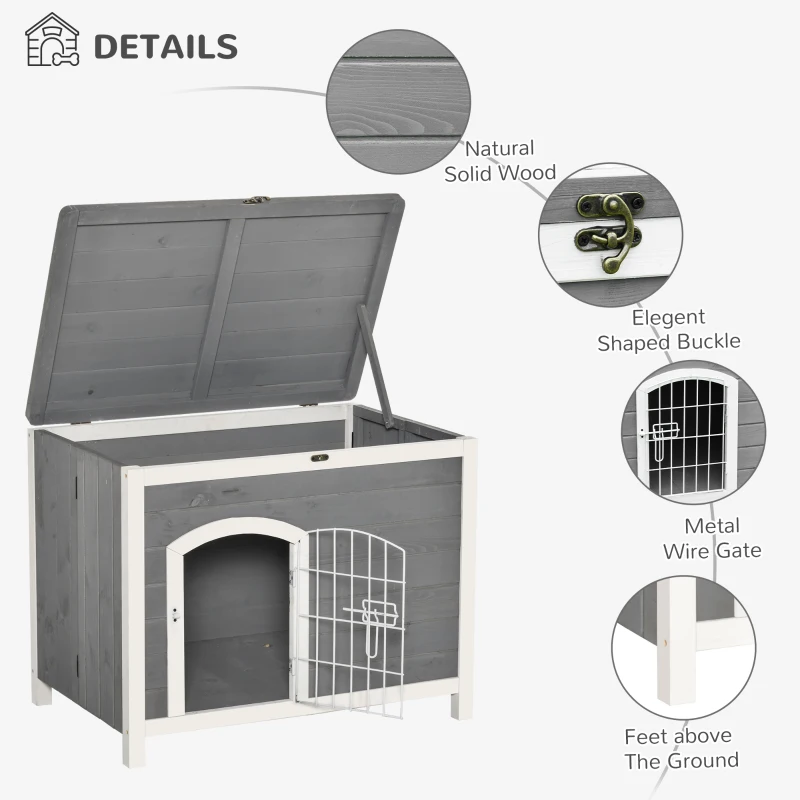 PawHut Foldable Wooden Dog House Raised Puppy Cage Kennel Cat Shelter for Indoor & Outdoor w/ Lockable Door Openable Roof Removable Bottom for Small and Medium Pets Grey