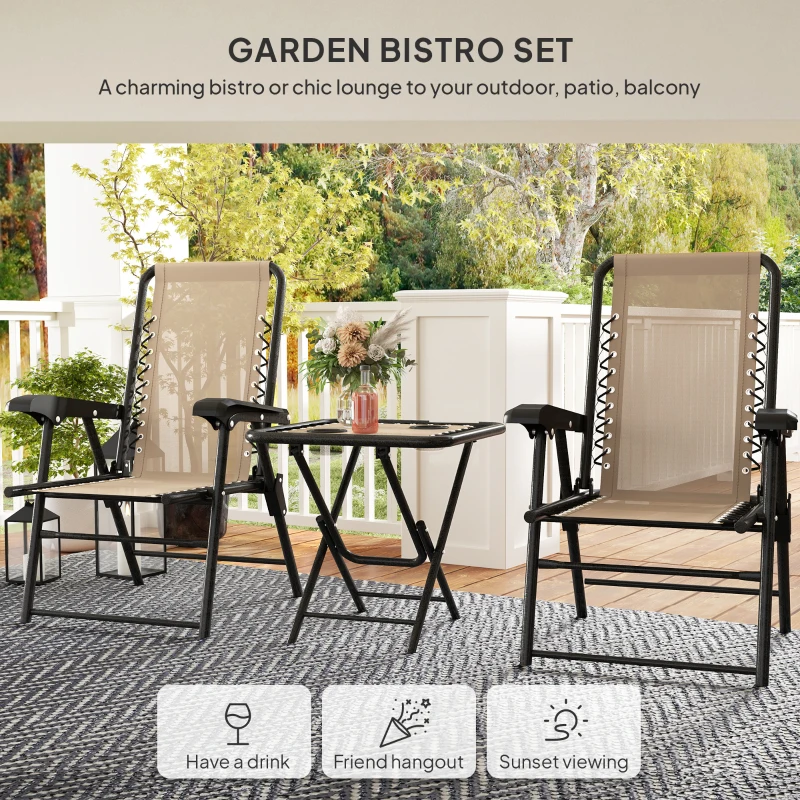 Outsunny 3 Pieces Patio Bistro Set, Outdoor Folding Table and Chairs Set, Metal Patio Furniture Set with Cup Holders, Khaki