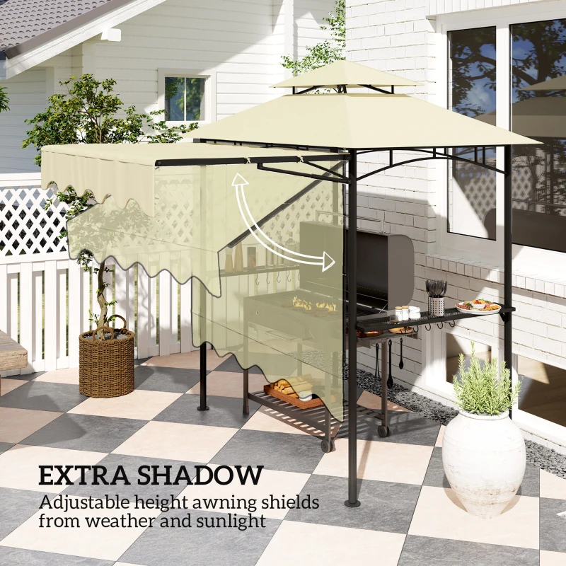Outsunny 8' x 7.6' Grill Gazebo, Double Tiered Barbecue Grill Gazebo Shelter w/ Side Awning, 2 Side Shelves, 6 Hooks, Beige