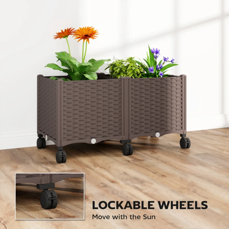 Outsunny Plastic Raised Garden Bed, Indoor Outdoor Self Watering Planter Box with Drainage Holes and Plugs for Flowers