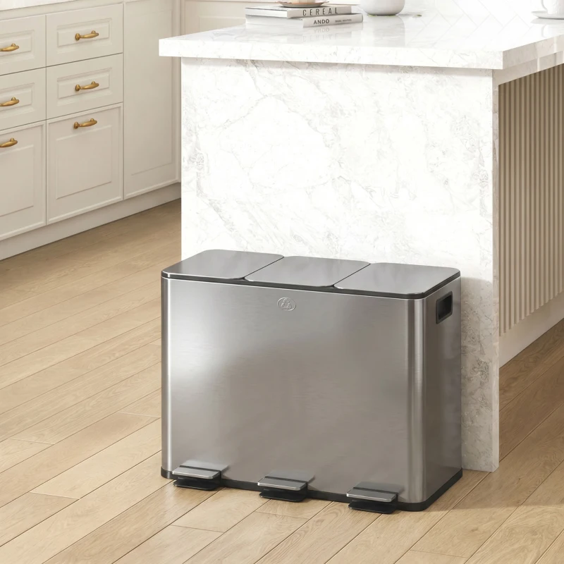 HOMCOM Garbage Bin, Soft-Close Trash Can with Foot Pedal, 3x5 Gallon (3x20 L) Garbage Can with Removable Inner Buckets, Silver