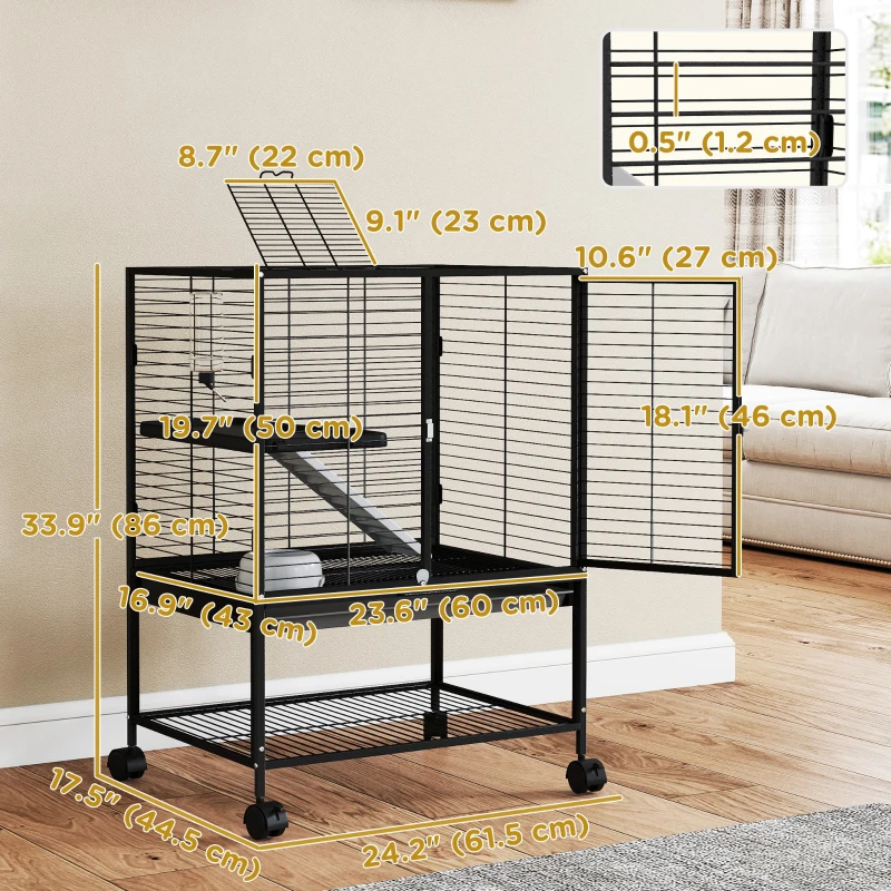 PawHut Rolling Small Animal Cage 34"H Chinchilla Cage for Ferrets, Squirrels w/ Removable Tray, Storage Shelf, Black