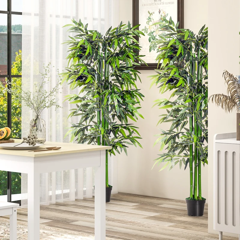 Outsunny Set of 2 6FT Artificial Bamboo Tree Fake Decorative Plant with Nursery Pot for Indoor Outdoor Décor