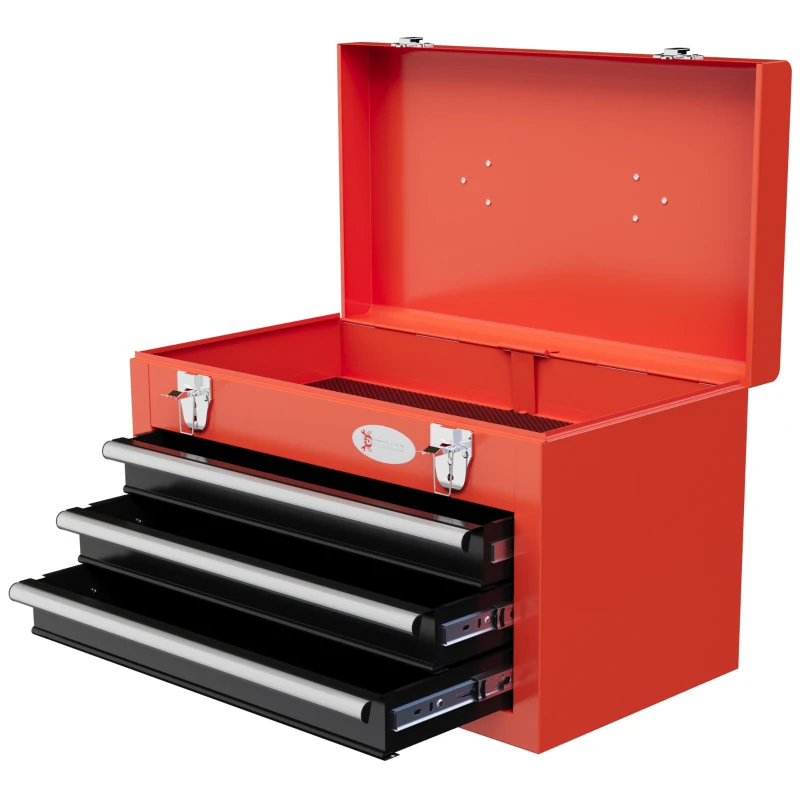 DURHAND 3 Drawer Tool Chest with Metal Latch Closure, Portable Tool Box for Garage, Household and Warehouse, Red