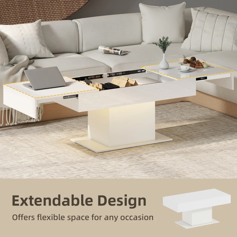 HOMCOM Extendable Coffee Table with LED Lights, Modern High Gloss Center Table with Hidden Storage for Living Room, White