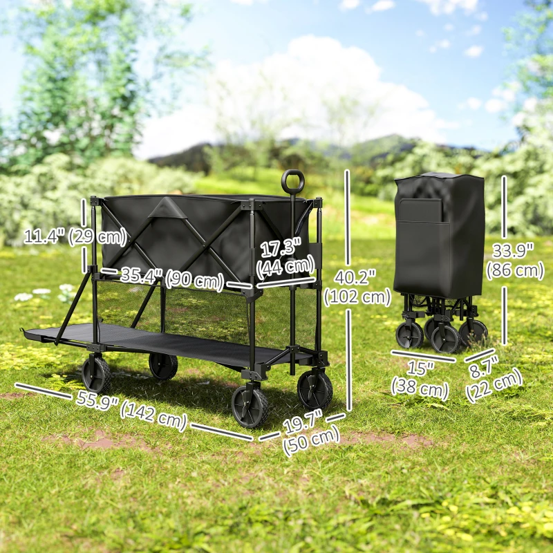 Outsunny Double Decker Folding Wagon Cart, 450LBS & 350L Capacity Collapsible Garden Cart for Camping Sports Shopping and Beach