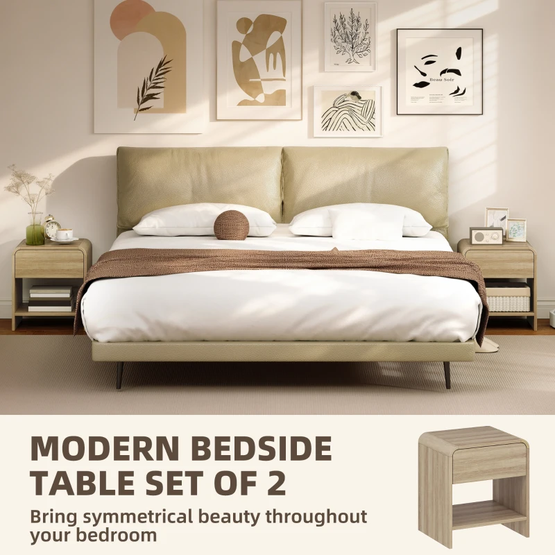 HOMCOM Nightstand Set of 2, Modern Bedside Table with Rounded Corners, Nightstand with Drawer and Open Shelf, Natural Wood