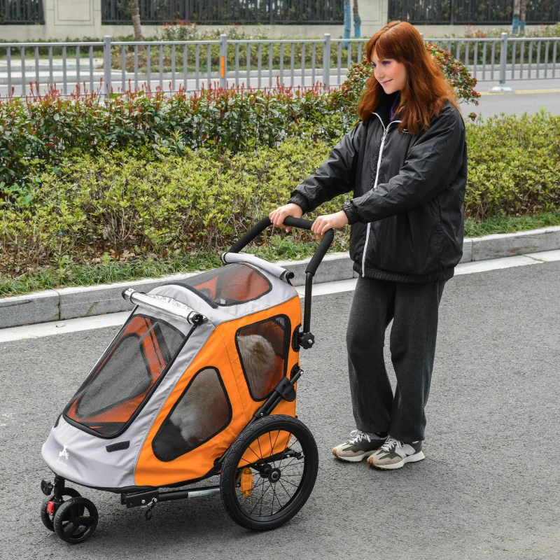 Aosom Dog Bike Trailer 2-In-1 Pet Stroller Cart Bicycle Wagon Cargo Carrier Attachment for Travel with 360 Swivel Wheel Reflectors Parking Brake Straps Cup Holder Orange