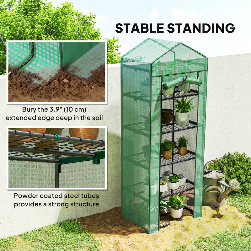 Outsunny 5 Tier Mini Greenhouse, Portable Outdoor Flower Stand with Shelf Clips, Indoor Greenhouse with Steel Frame, Transparent, 27.25" x 19.25" x 76", Green
