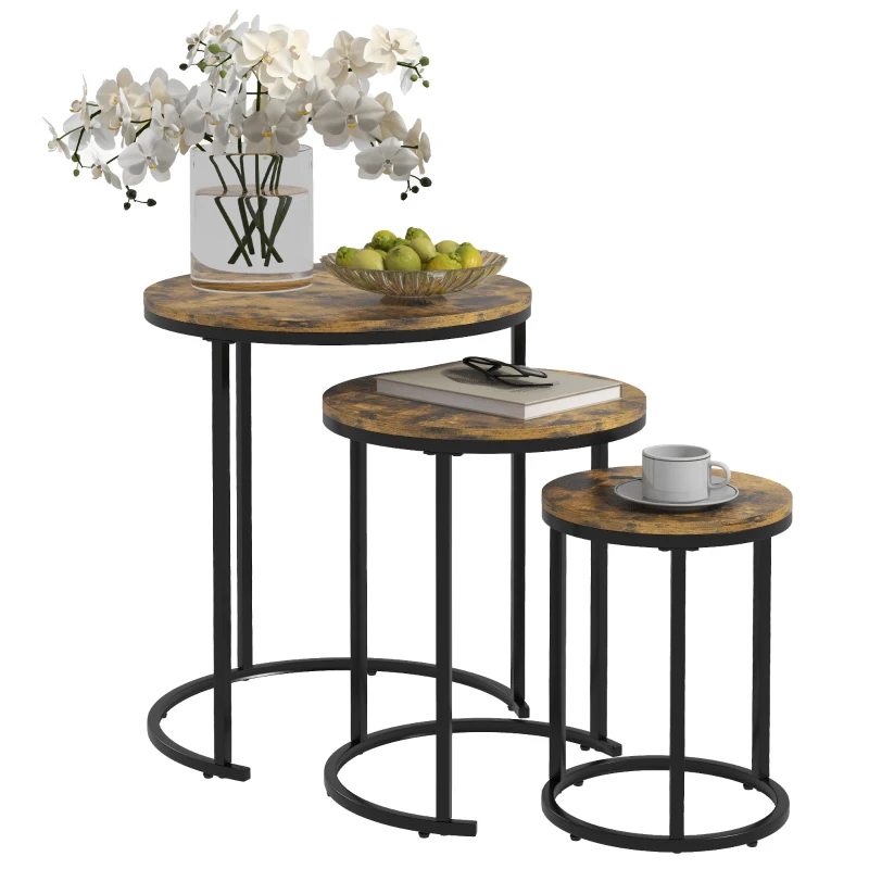 HOMCOM Nesting Coffee Tables Set of 3, Stacking Round Side Tables with Steel Frame for Living Room, Rustic Brown
