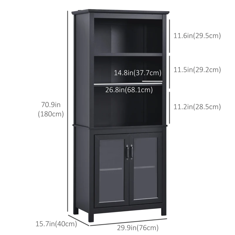 HOMCOM 3-Tier Multifunctional Bookcase, Storage Bookshelf, Display Shelves with Glass Doors, Open Compartments and Adjustable Shelves for Home Office, Living Room, Study, Black