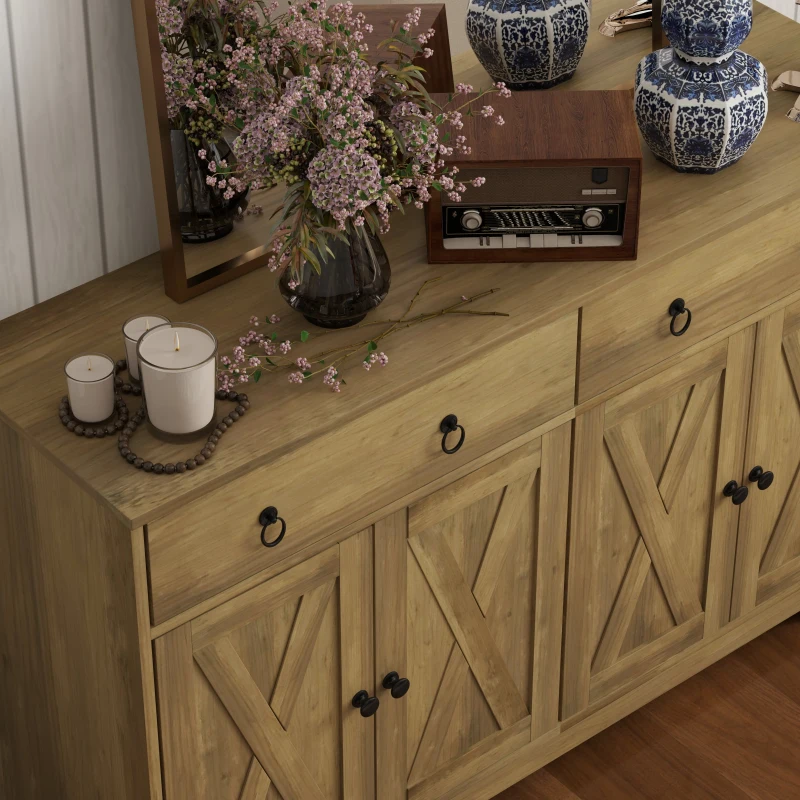 HOMCOM Sideboard Cabinet with 2 Drawers, 4 Barn Doors and 2 Adjustable Shelves, Buffet Table for Living Room, Light Brown