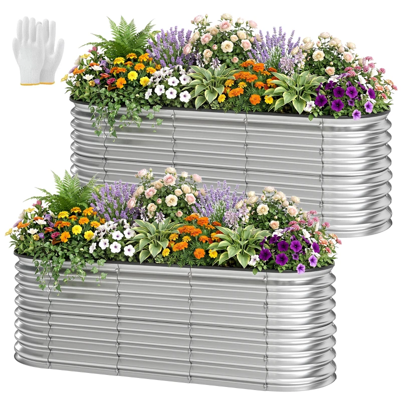 Outsunny 2Pcs Galvanized Raised Garden Bed, 6 x 2 x 2 ft Modular Metal Garden Beds with Rubber Strip Edging, Silver