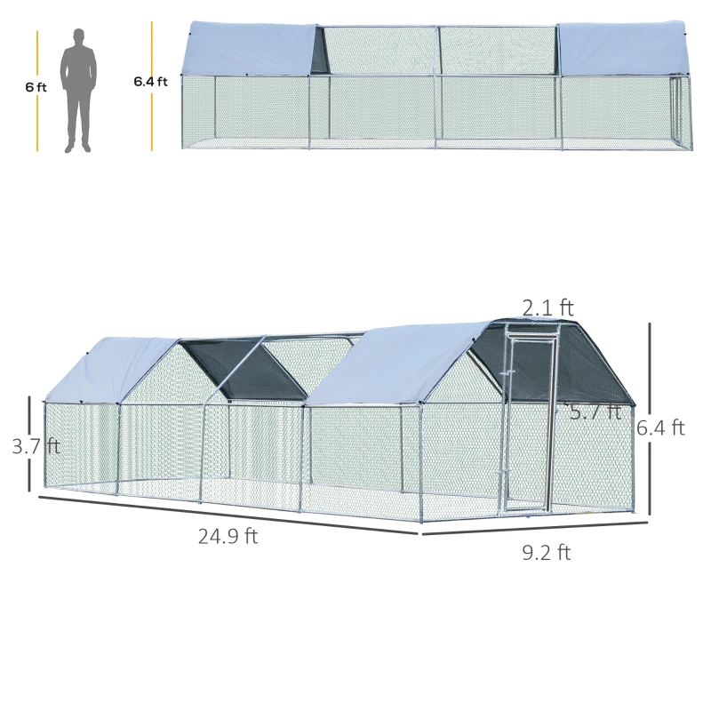 PawHut Large Chicken Coop Metal Chicken Run for Chickens with Waterproof and Anti-UV Cover, Flat Shaped Walk in Fence Cage Hen House for Outdoor and Yard Farm Use, 1.26" Dia, 9' x 24.9' x 6.5'