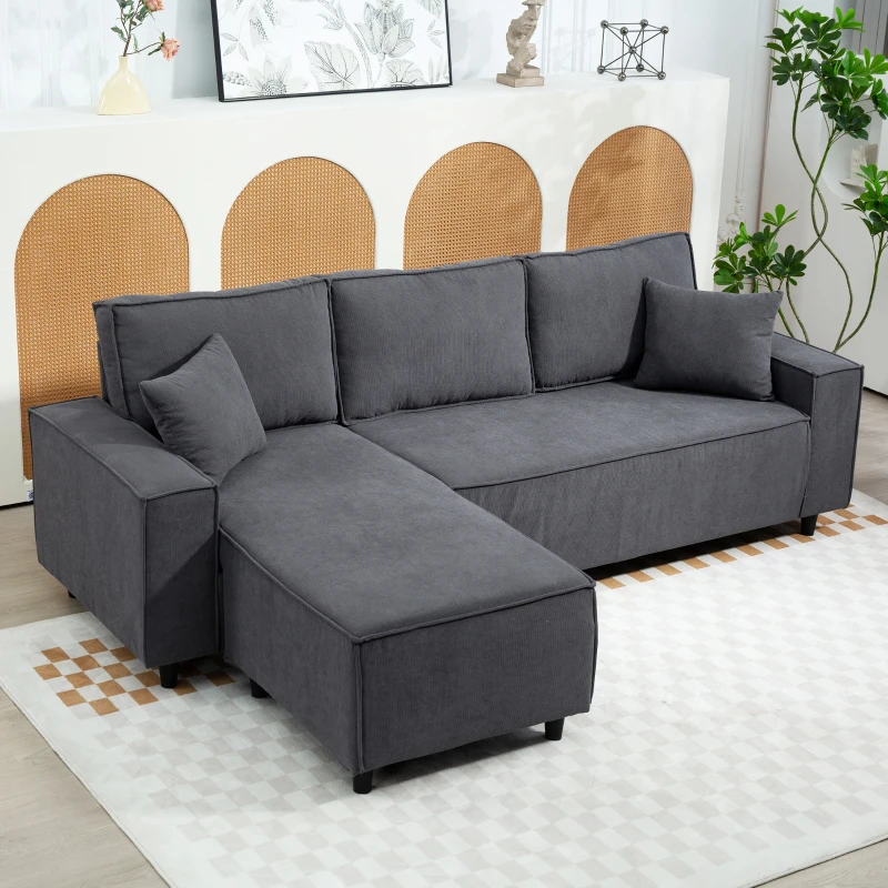 HOMCOM Corner Sofa with Changeable Chaise, Corduroy L-Shaped Sectional Sofa with Pocket Spring, 2 Pillows, Charcoal Grey
