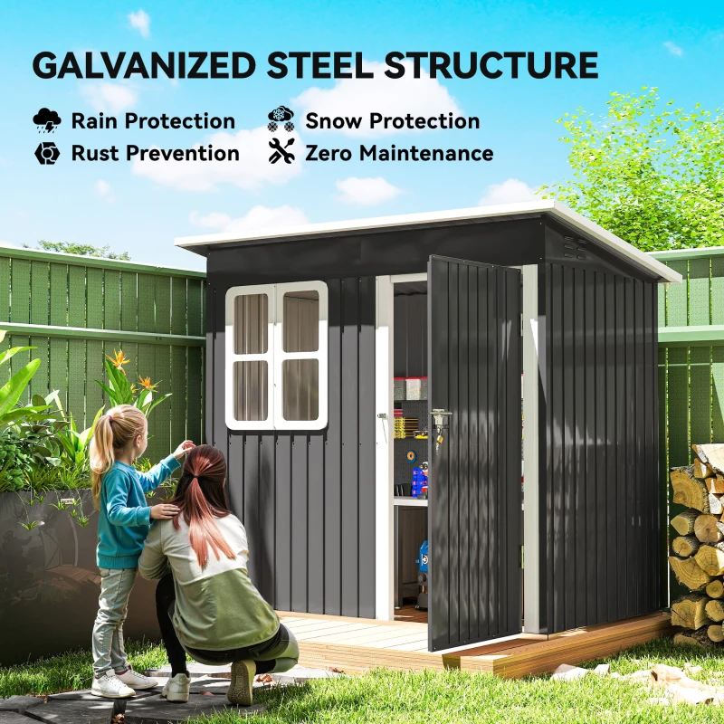 Outsunny 7' x 4' Galvanised Steel Outdoor Storage Shed, Garden Shed with Window, Lockable Wide Door and Air Vents, Dark Grey