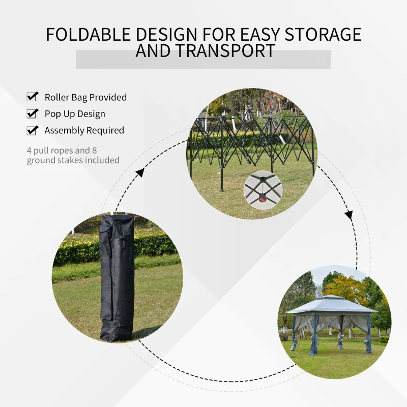 Outsunny 12' x 12' Foldable Pop-up Party Tent Instant Canopy Sun Shade Gazebo Shelter Steel Frame Oxford w/ Roller Bag, Grey