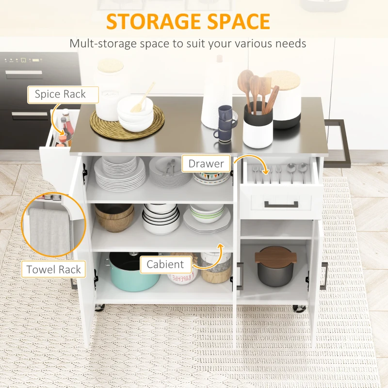 HOMCOM Kitchen Island with Storage, Rolling Kitchen Cart on Wheels, Kitchen Island with Storage, Drawer, 3 Cabinets, Stainless Steel Countertop, Spice Rack and Towel Rack, White