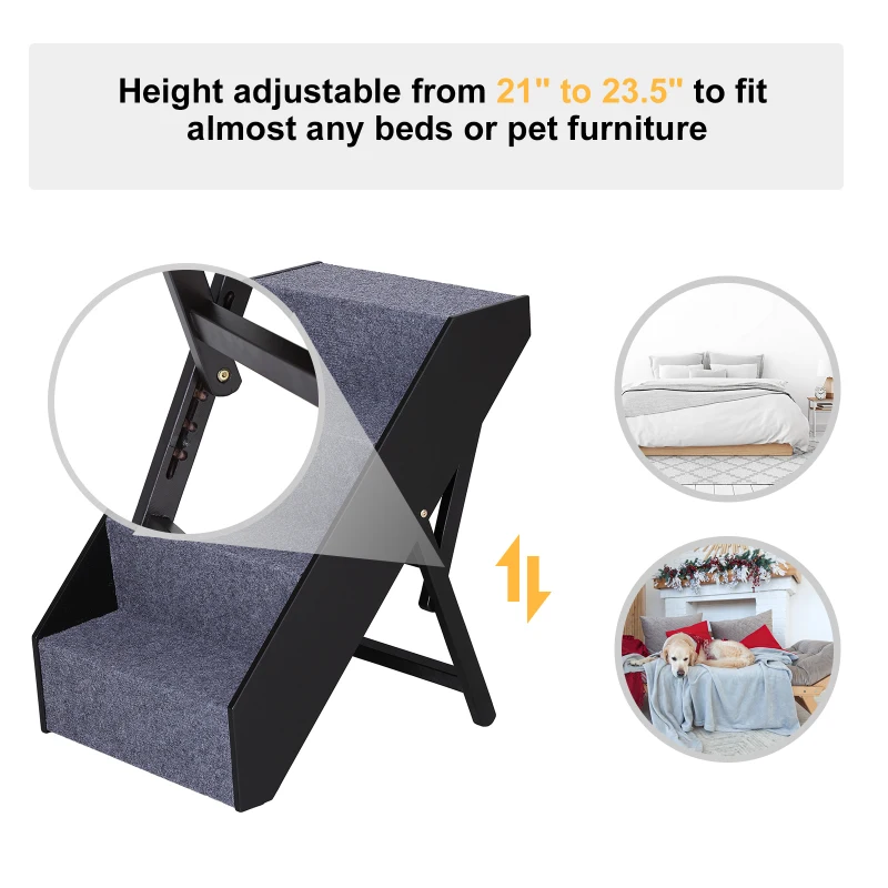 PawHut 4 Step Height Adjustable Portable Wooden Easy Climb Pet Stairs - Dark Brown