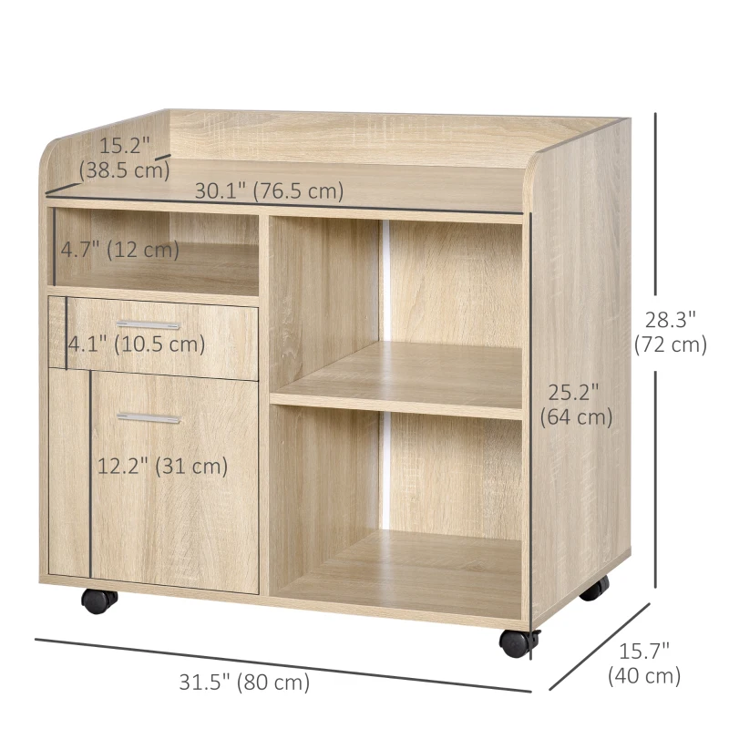 Vinsetto Lateral Filing Cabinet, Printer Stand with Wheels, Mobile File Cabinet with Drawer for Letter or A4 File, Home Office, Oak