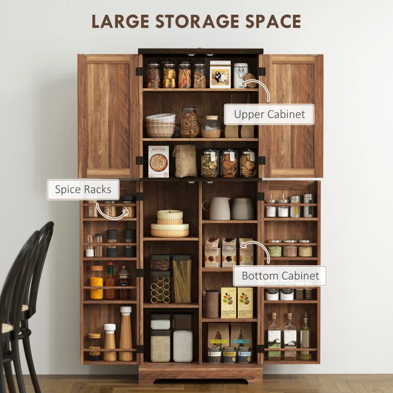 HOMCOM 64" Tall Kitchen Pantry Cabinet with Spice Racks and Adjustable Shelves, Brown Wood Grain