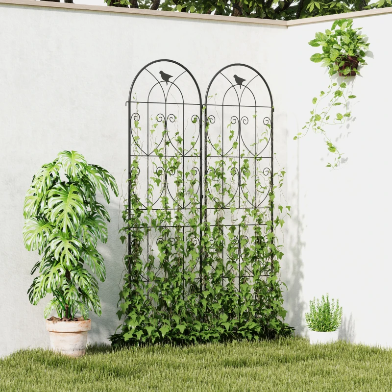 Outsunny Set of 2 Metal Garden Trellis, Decorative Trellis Panels, Bird Design, 180 x 50 cm, Black